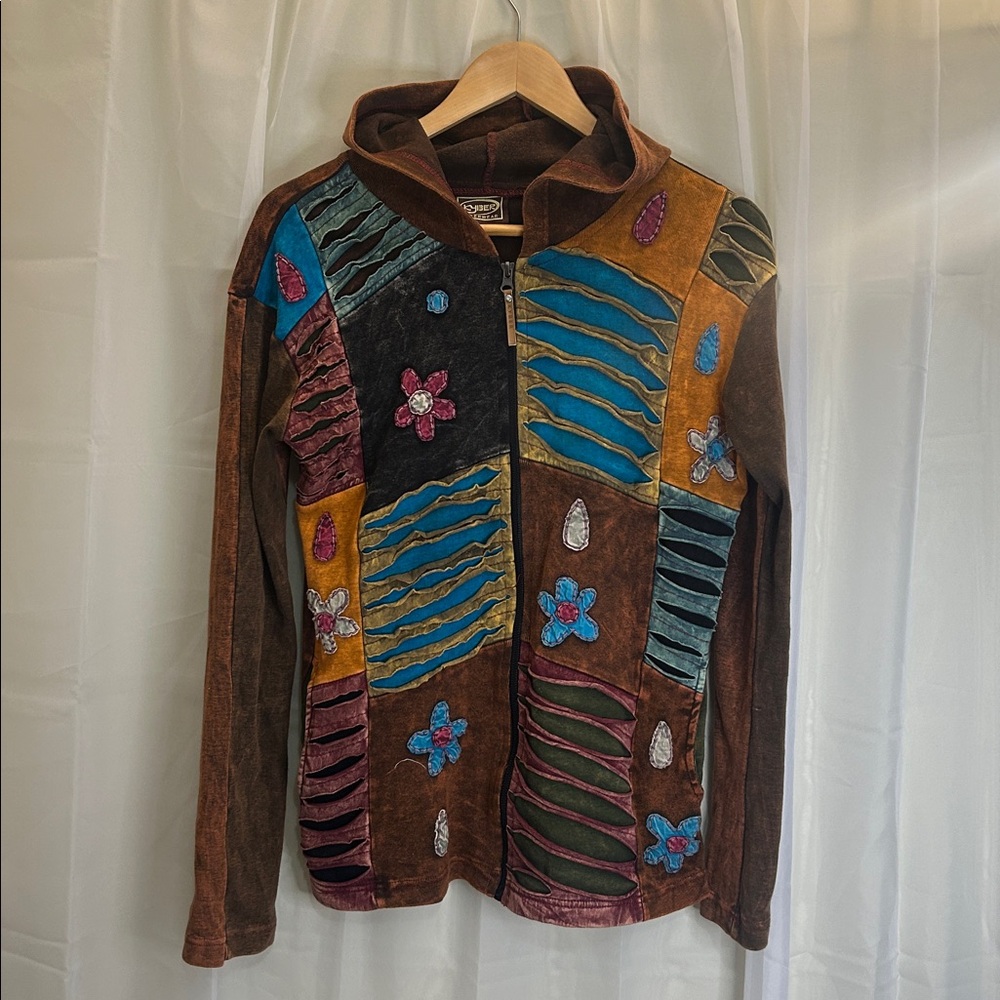 Kyber Outerwear Patchwork Hoodie – Boho Grunge Multicolor Zip up